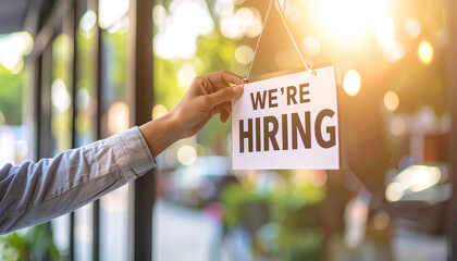 Hiring Sign: Hand placing a "We're Hiring" sign on a shop window, a symbol of opportunities.