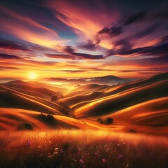 Evening Glow on Hills Rolling hills bathed in the soft warm ligh