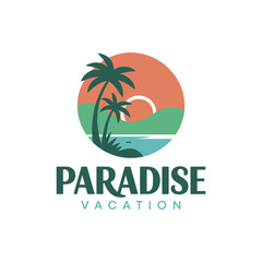 Naklejka premium Tropical Vacation Logo – Sunset Beach and Palm Tree Icon for Travel Agency, Resort, or Summer Holiday Branding