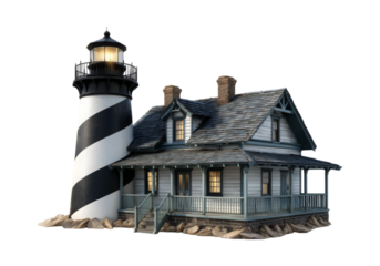 Coastal lighthouse keeper's house and striped beacon, On Transparent Background, Png Image