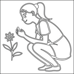 Single line drawing of a young girl in a crouching pose