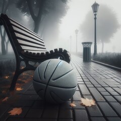 Medicine Ball abandoned on a park bench foggy morning