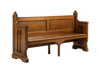 Antique oak church pew gothic style wooden bench seat, On Transparent Background, Png Image
