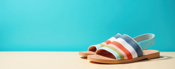 Striped sandals against blue backdrop, sunny feel, summer, striped