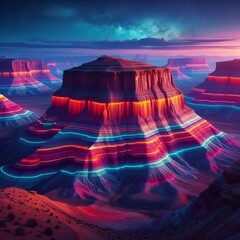 Neon Banded Mesa Flat‑topped plateau striped with glowing colo