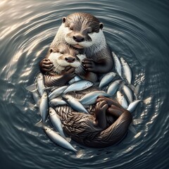 Otter Embrace Two river otters float on their backs paws clasped