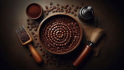Overhead view of coffee beans in a spiral matte rich browns unde