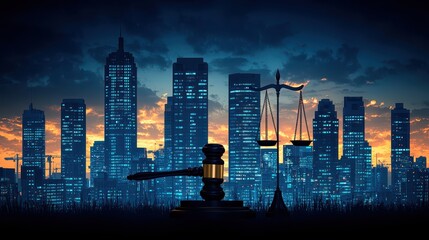 A bustling financial district, where a gavel falls, symbolizing justice, a stern judge sits on his elevated seat, a law scale poised to uphold the balance of the market 