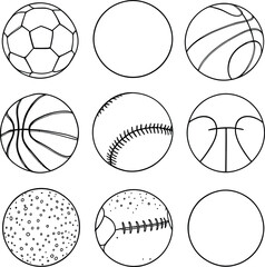 Fototapeta premium Black-and-White Vector Icons of Sports Balls – A 3x3 Grid Highlighting Diverse Equipment from Popular Games