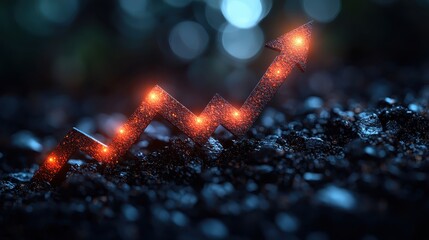 A dark blue backdrop pulsates with upward-trending arrows, forming a dynamic financial graph that symbolizes the growth of a successful business, powered by the generative capabilities of AI 