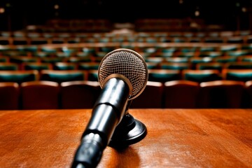 Obraz premium Metallic Microphone on Wooden Podium in Auditorium