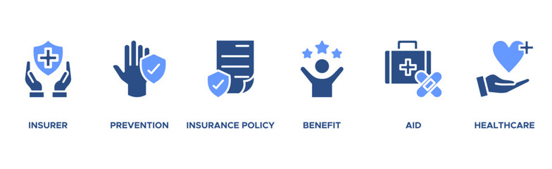 Health insurance banner web icon vector illustration concept with icon of insurer, prevention, insurance policy, benefit, aid, and healthcare