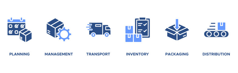 Logistics banner web icon vector illustration concept with icon of planning, management, transport, inventory, packaging, and distribution