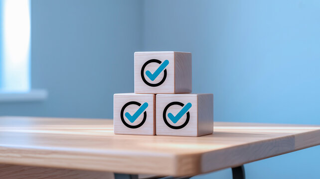 A minimalist photo shows three identical wooden blocks stacked on a light desk with turquoise checkmarks against a soft gray background - Powered by Adobe