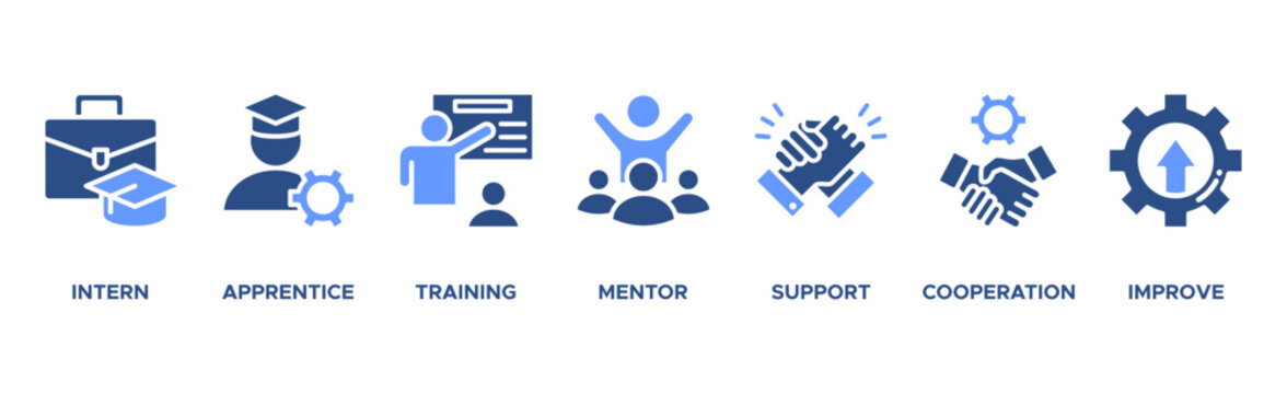 Trainee banner web icon vector illustration concept for internship training and learning program apprenticeship with an icon of intern, apprentice, training, mentor, support, cooperation, and improve
