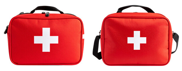  Bright Red First Aid Bag with White Cross Emblem, lying flat, isolated on white background PNG