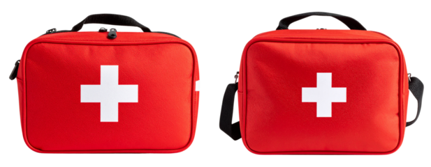  Bright Red First Aid Bag with White Cross Emblem, lying flat, isolated on white background PNG