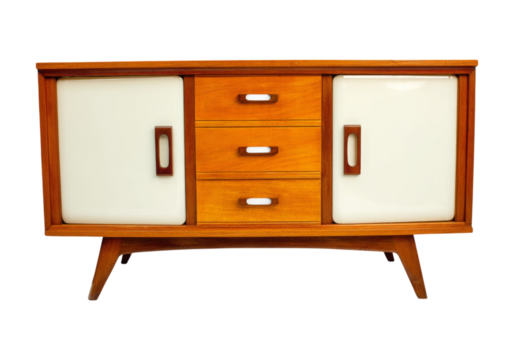 Mid century modern sideboard with white doors and wooden drawers, On Transparent Background, Png Image