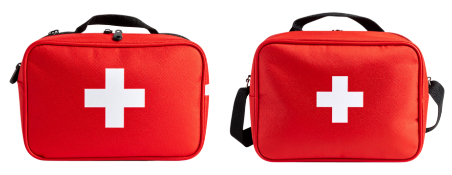  Bright Red First Aid Bag with White Cross Emblem, lying flat, isolated on white background PNG
