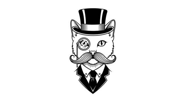 Dapper Cat in Formal Attire: An elegant illustration of a refined cat, adorned in a top hat, monocle, and sophisticated attire, exuding a sense of style and class.
