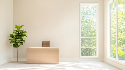 Minimalist Workspace Design With Indoor Plant Desk and Natural Light Windows
