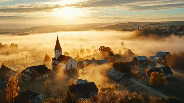Small Town Surrounded by Trees and Fog