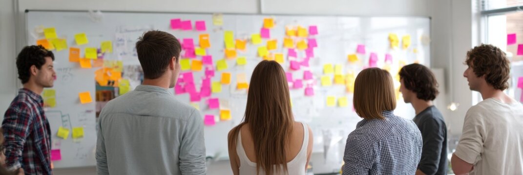 Brainstorming Session With Colorful Post-Its on a Whiteboard in a Collaborative Workspace During the Afternoon