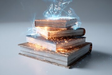 Stack of books with futuristic projections, symbolizing e-learning and innovative knowledge exchange.