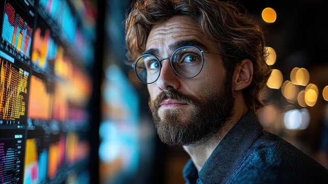 A late-night financial analyst, his brow furrowed in concentration, illuminated a digital whiteboard with a vibrant tapestry of graphs, charts, and data points, painting a picture of market 