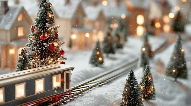 Christmas village, winter village with snow, locomotive, train toy, christmas tree in the city