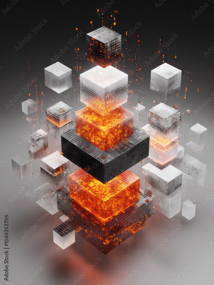 Poster exploration of 3d cubes depicting advanced firewall protection layers in digital security architectu