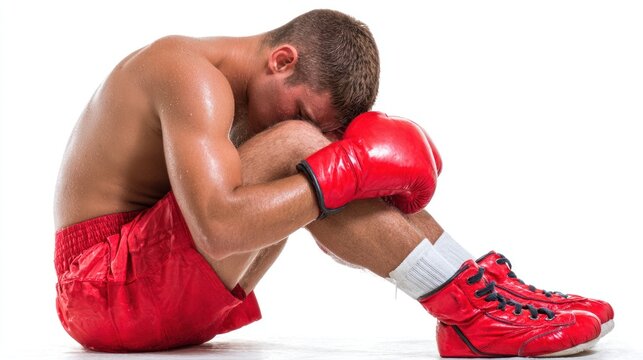 Emotional boxer in red gloves and shorts, sitting on the floor with head resting on knees, conveying defeat and exhaustion after a tough match