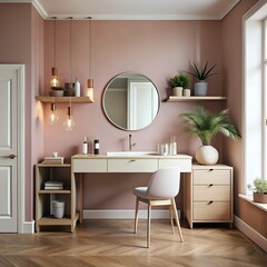 Dusty pink wall in compact vanity room with modular decor, Cozy vanity space featuring dusty pink wall and modular design
