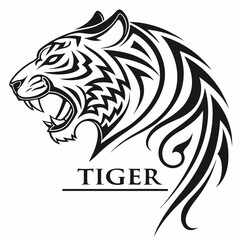 A striking black and white vector illustration showcases the head of a roaring tiger, presented in profile, facing left. The tiger's mouth is open, revealing sharp teeth and a detailed tongue. Its eye