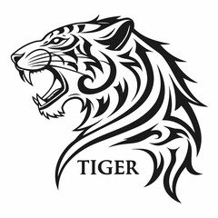 A striking black and white vector illustration showcases the head of a roaring tiger, presented in profile, facing left. The tiger's mouth is open, revealing sharp teeth and a detailed tongue. Its eye