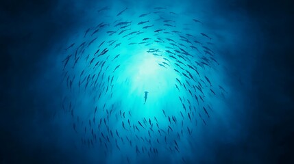 Underwater World Sunlight Glare Diver Surrounded by School of Fish