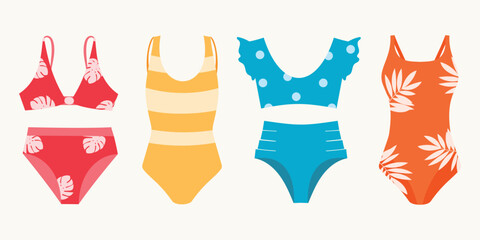 Summer set of colorful swimsuits. Female beach clothes, bikini and monokini. 