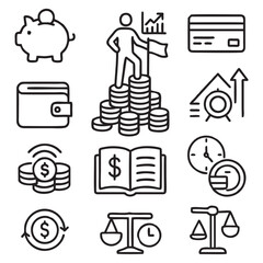 Black and White Vector Icons of Financial Freedom and Personal Finance Concepts – Minimal Outline Style