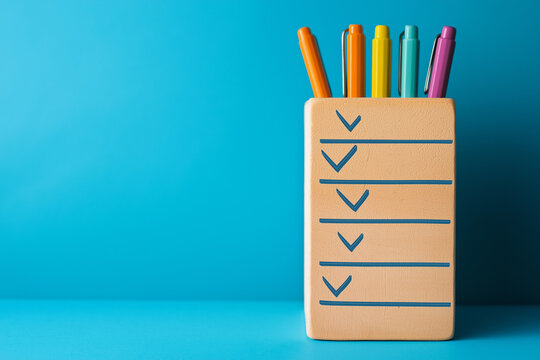 Checklist concept. Correct sign tick check mark on wooden block with copy space for the checklist on blue background. Business survey questionnaire, Exam test process