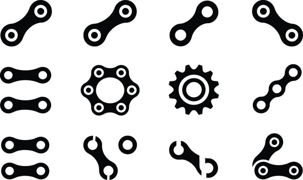 Collection of bicycle chain and gear icon illustrations in a simple minimalist black and white style