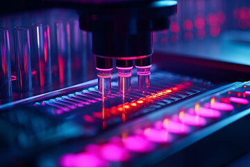 Close-up of a DNA sequencing machine, emphasizing the advancements in biotechnology and genetics