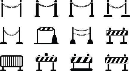 Set of black and white safety icons and barriers in various vector designs