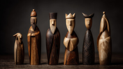Wooden Figures in a Row on Dark Background.