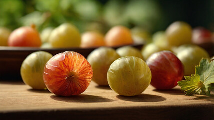 Fototapeta premium Macro Detail of Translucent Gooseberries on Wooden Table with Natural Warm LightingMacro Detail of Translucent Gooseberries on Wooden Table with Natural Warm Lighting