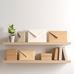 A wooden shelf filled with neatly stacked cardboard boxes and assorted colorful envelopes, creating an organized yet inviting workspace atmosphere.