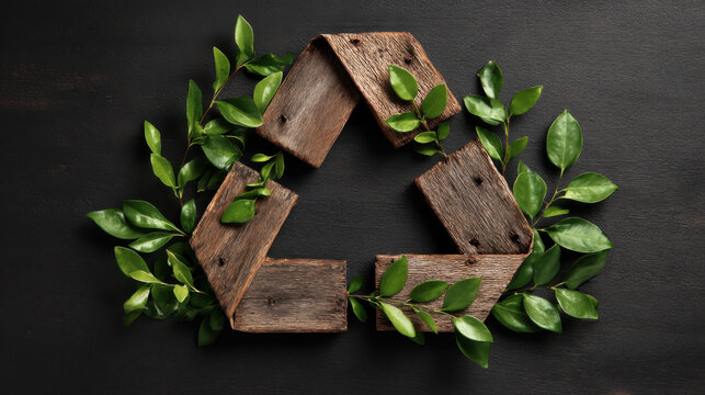 Wooden Recycle Symbol with Green Leaves on Dark Background.