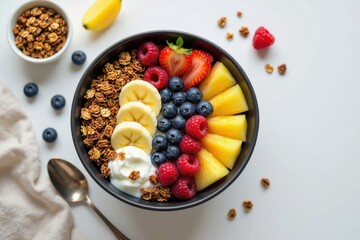 A colorful smoothie bowl topped with granola, banana slices, pineapple, blueberries, raspberries, strawberries, and a dollop of yogurt.