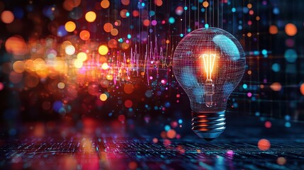 A vibrant, multi-hued lightbulb, its brilliance amplified by dynamic, swirling splashes of color, emanated a graph of stock market lines that radiated outward, symbolizing the dynamic interplay 