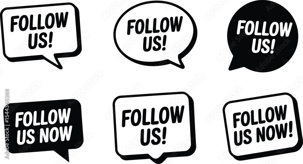 Fototapete six distinct vector speech bubbles with the call to action phrases follow us and follow us now