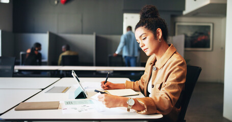 Entrepreneur, woman or writing with paperwork in office for business structure, startup ideas or...